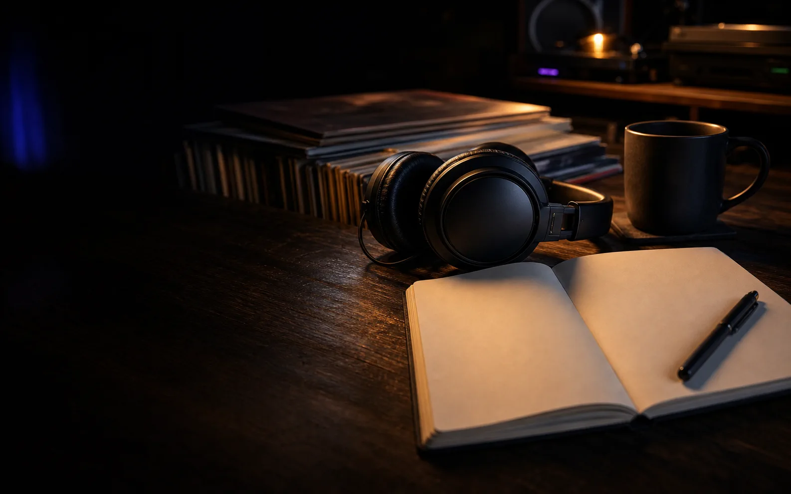 Headphones, records, a mug, and an open notebook on a warmly lit listening desk