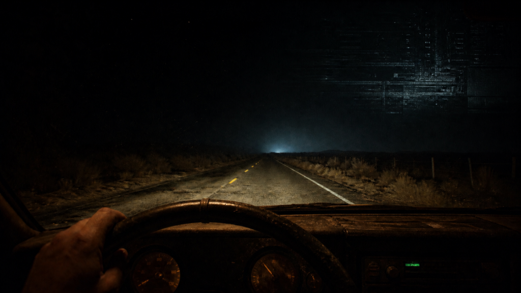 View over a worn amber-lit dashboard onto a deserted West Texas highway at night, with a cold glow ahead and faint mechanical structures emerging from the darkness.