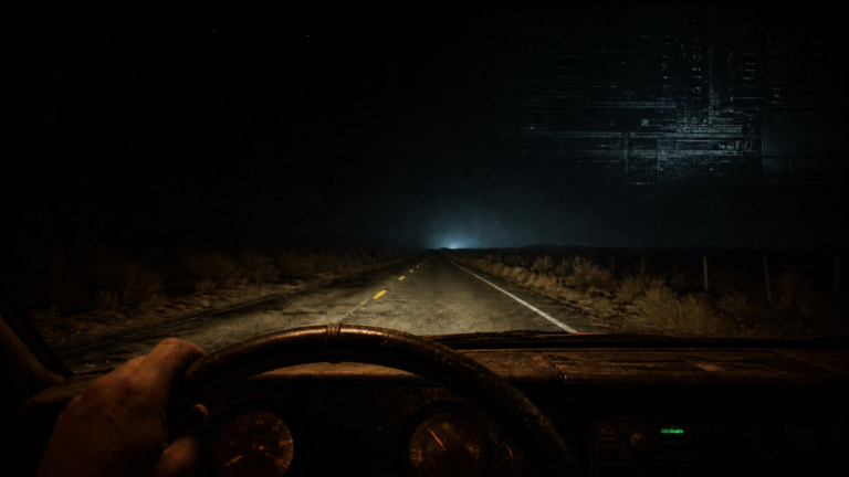 View over a worn amber-lit dashboard onto a deserted West Texas highway at night, with a cold glow ahead and faint mechanical structures emerging from the darkness.