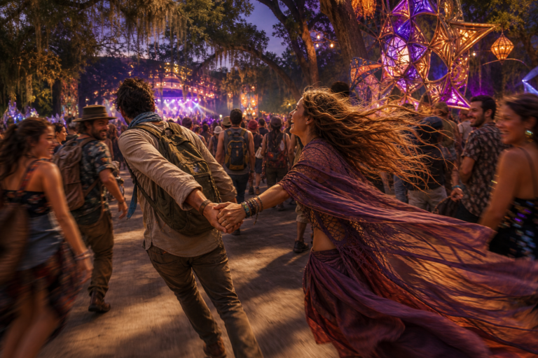 A married couple runs hand in hand through a wooded festival crowd as the laughing wife’s clothing flows behind her like a flag.